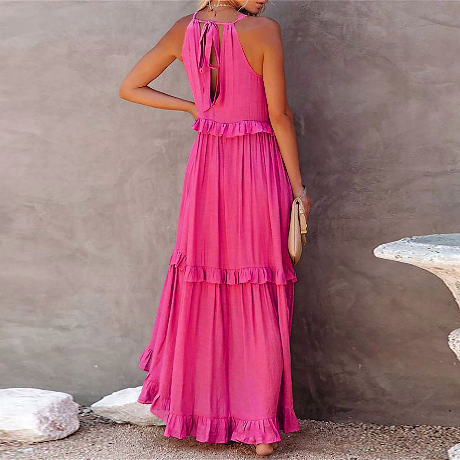 thumbnail image 5 of 2025 Vestido largo sin mangas para mujer, vestido de playa informal con volantes fluidos, vestido de poliéster de cintura alta, tallas S-XXL, 5 of 8